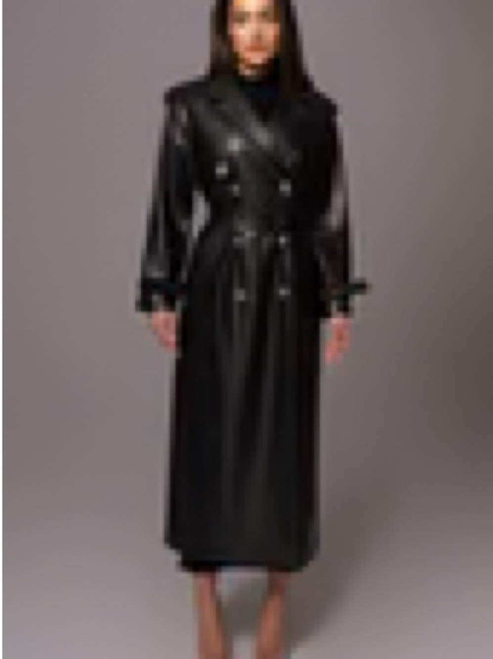 JLUXLABEL Black Faux Leather Double-Breasted Trench Coat
